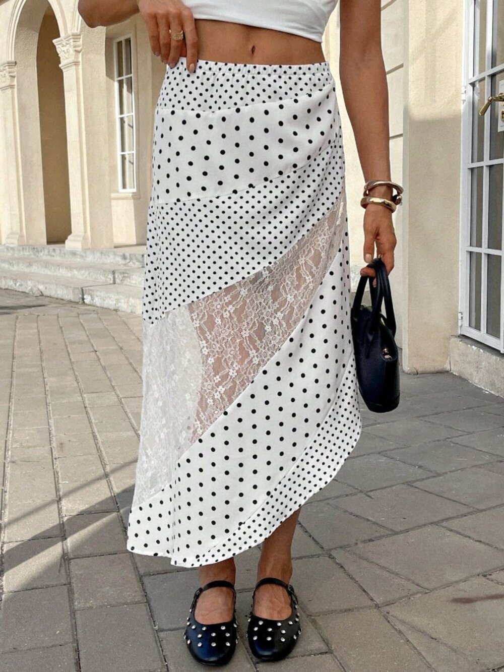 Multicolor Casual Women's Polka Dot Lace Insert Asymmetrical Skirt - Picture 4 of 5